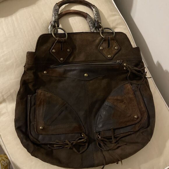 Vintage Steve Madden Western Boho Leather Fringe Brown Leather Tote Bag Purse - Picture 14 of 14